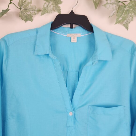 Saint Tropez West Size 1X Blue Linen Blend 3/4 Roll Tab Sleeve Top Blouse - Picture 2 of 7